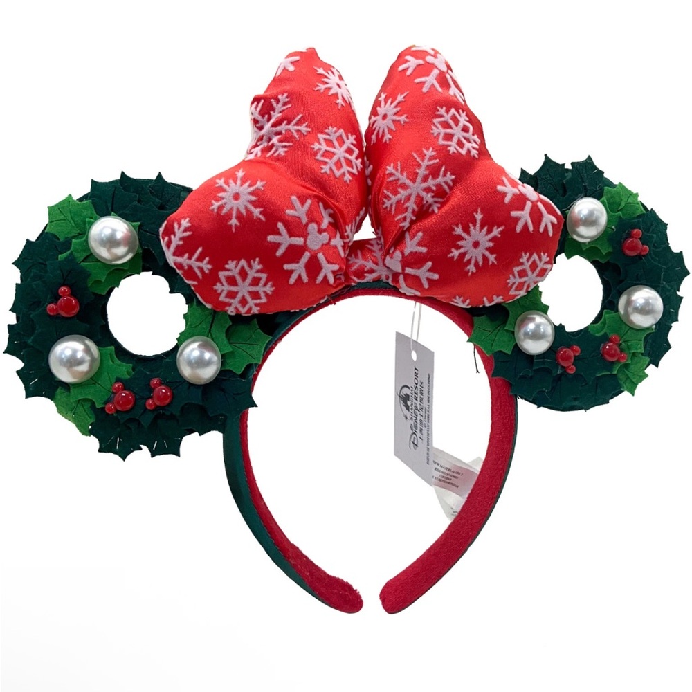 🎄NWT Disney Parks Christmas Pearl Wreath Holiday Mickey Minnie Ears Headband